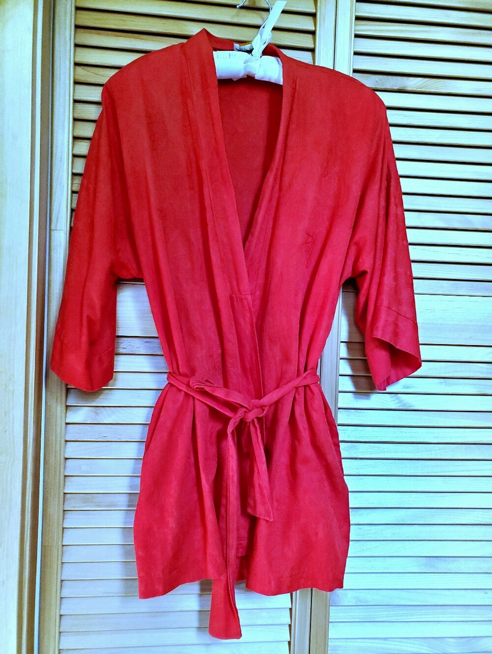 Women's Red Cotton Bricade Kimono Robe with Self Tie Belt